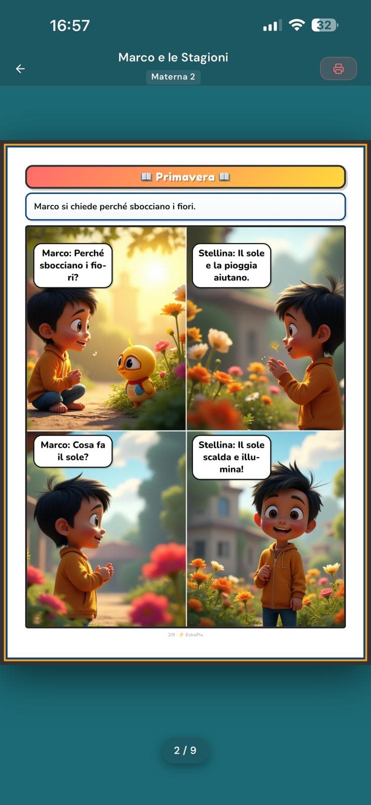 Pagina interna reale del fumetto "Marco e le Stagioni" (Materna 2), pagina 2/9: 4 pannelli illustrati su Primavera con dialogo tra Marco e la guida Stellina.
