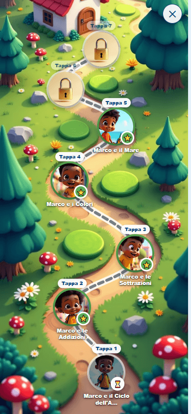 Mappa del Sentiero: tappe a zigzag con avatar del bambino tra alberi, prati e funghi.